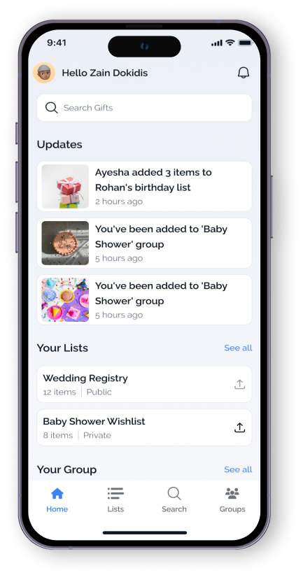 modern mobile app interface showing a wishlist with product cards from amazon and flipkart, clean blue gradient ui design