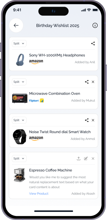 mobile app showing group collaboration screen with avatars and shared lists, modern blue interface