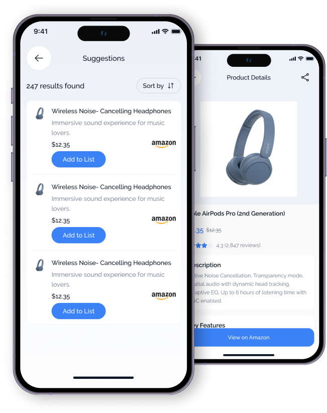 mobile app showing product import from amazon and flipkart with product cards and add to list buttons